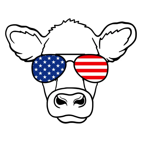 Głowa Krowy Okularach Odcisk Flagi Usa Czwartego Lipca Zwierząt Gospodarskich — Wektor stockowy