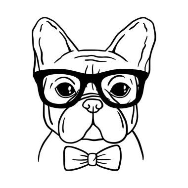  Fransız bulldog siyah beyaz el portresi çizmiş. Fransız buldog suratı hizada. Gözlüklü ve papyonlu bir köpek kafası. Tatlı ağızlık Fransız Bulldog 'u..