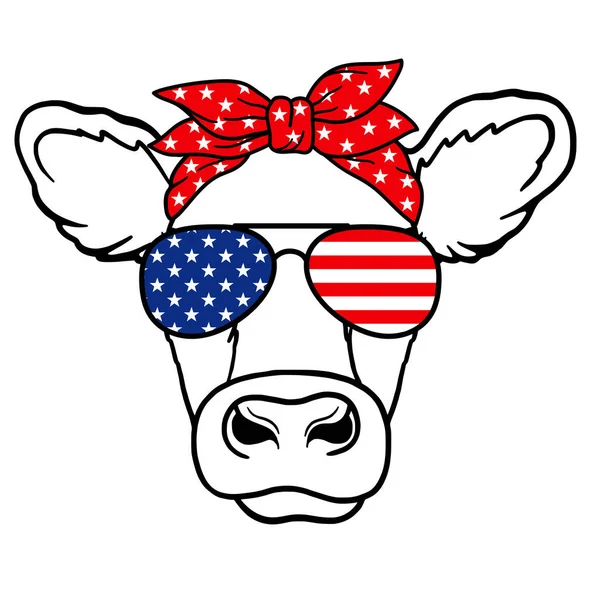 Tête Vache Avec Lunettes Aviateur Ang Bandana Usa Drapeau Imprimé — Image vectorielle