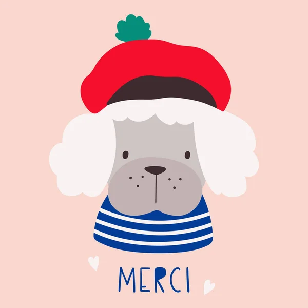 法国狗 法国风格的狗 病媒图解卡通狗身穿法式贝雷帽 适合海报 T恤衫 明信片 — 图库矢量图片