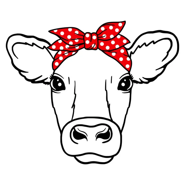 Kepala Sapi Dengan Bandana Merah Dengan Cetakan Polka Dot Farm - Stok Vektor