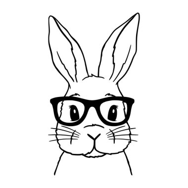  Sevimli Tavşan Hattı Sanatı. Gözlüklü tavşan. Paskalya Tavşanı. Tavşan robot resim vektör çizimi. Posterler, tişörtler, kartpostallar için iyidir..