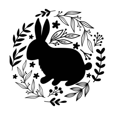  Tavşan Silueti. Paskalya Tavşanı. Çiçekli tavşan, daire şeklinde yapraklar. Mutlu Paskalyalar.