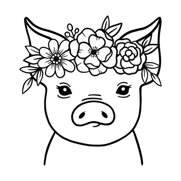 Leuke Pig Line Art Varken Met Bloemkroon Boerderijdieren Varken Schets — Stockvector