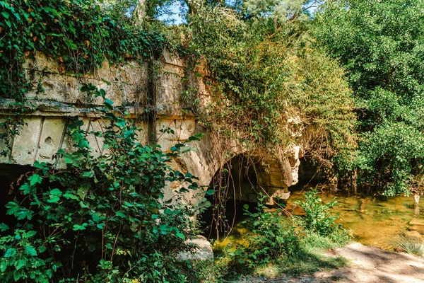 Μεγαλωμένος Βρύα Και Φυτά Αρχαίο Υδραγωγείο Παλιά Πέτρινη Γέφυρα — Φωτογραφία Αρχείου
