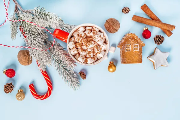 Una Tazza Cacao Con Marshmallow Una Ghirlanda Natale Concetto Festivo — Foto Stock
