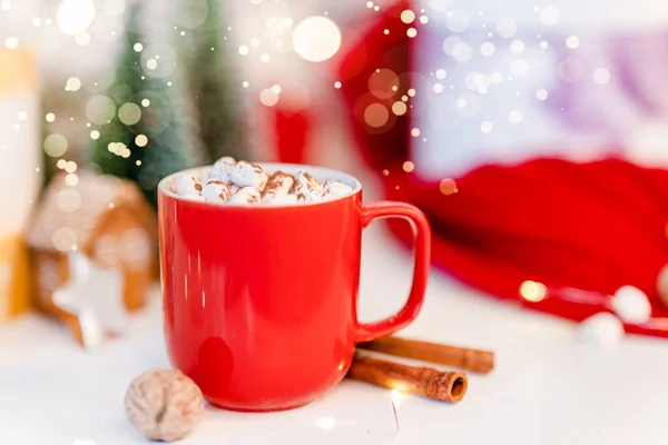 Beautiful Christmas Background Cocoa Mug Garland Red Scarf Holiday Atmosphere — Stock Photo, Image