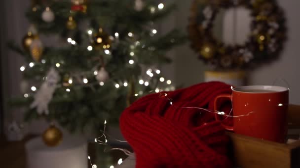 Beautiful Decorated Christmas Tree Garland Living Room Cozy Winter Evening — Stock Video