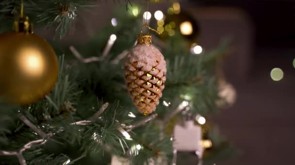 Oturma Odasında Çelenklerle Süslenmiş Güzel Bir Noel Ağacı Sıcak Bir — Stok video