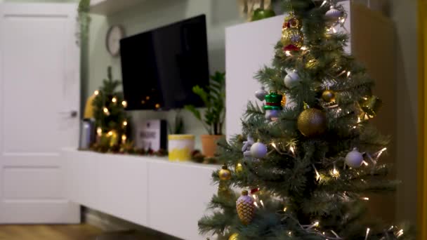 Schön Geschmückter Weihnachtsbaum Mit Girlanden Wohnzimmer Gemütliche Winterabende Video — Stockvideo