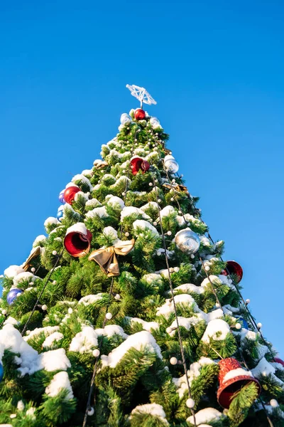Albero Natale Decorato Coperto Neve Sfondo Cielo Blu — Foto Stock