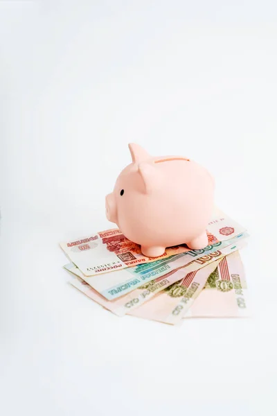 Piggy Bank Russian Banknotes White Background Concept Accumulation Storage Money — стокове фото
