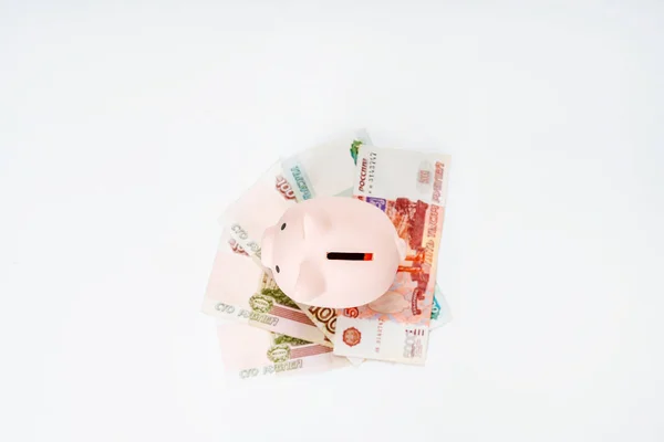 Piggy Bank Russian Banknotes White Background Concept Accumulation Storage Money — Foto Stock