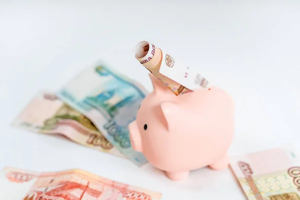 Piggy Bank Russian Banknotes White Background Concept Accumulation Storage Money — стокове фото