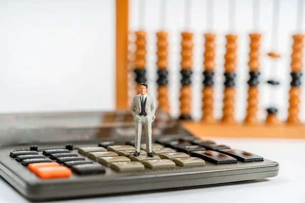 Miniature Figures Businessmen Stand Wooden Accounts Calculate Profits Concept Business — Foto Stock