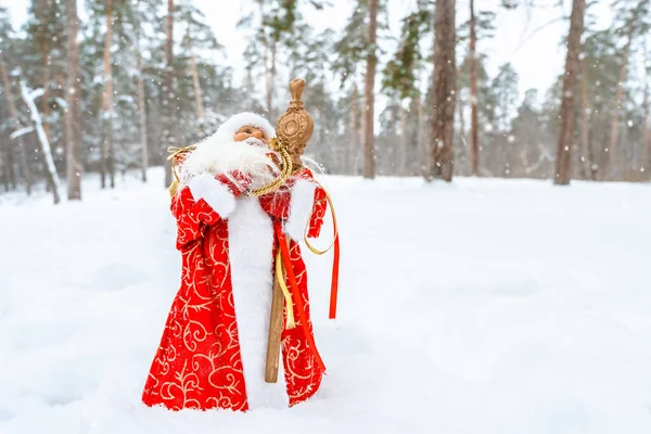 Toy Santa Claus Snowy Forest Snow Place Text Copy Space — Stock Fotó