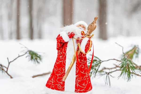 Toy Santa Claus Snowy Forest Snow Place Text Copy Space — Foto Stock