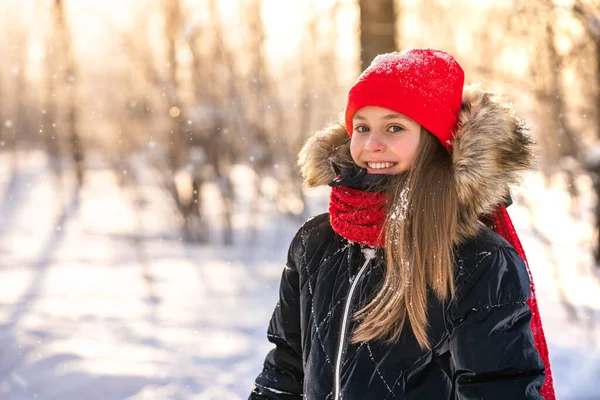 Portrait Charming Little Girl Red Hat Snowy Forest Winter Christmas — Stock Photo, Image