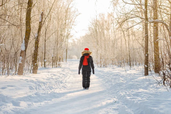 冬の森の中で日光のある赤い帽子の少女10歳 小さな女の子は冬の日に楽しんでいます 暖かいジャンプスーツを着た陽気な女の子 — ストック写真