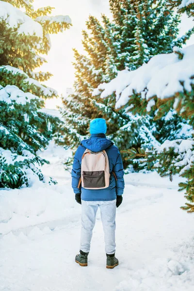 Vue Arrière Homme Avec Sac Dos Debout Dans Une Forêt — Photo