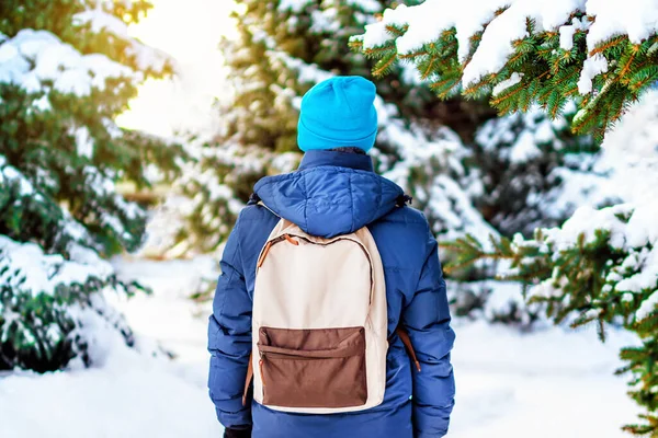 晴れた冬の日には 雪に覆われたモミの木の森の中にバックパックを持った男の後ろの景色 — ストック写真