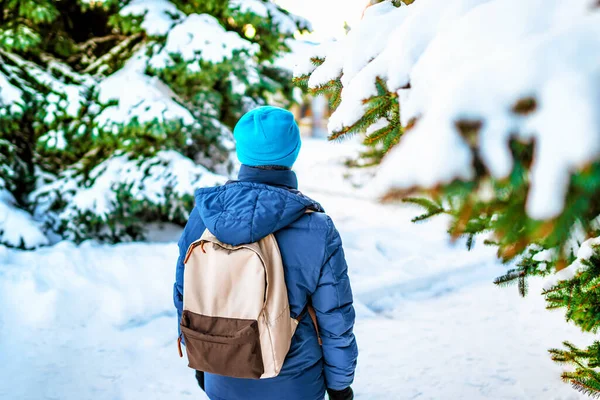 Vue Arrière Homme Avec Sac Dos Debout Dans Une Forêt — Photo