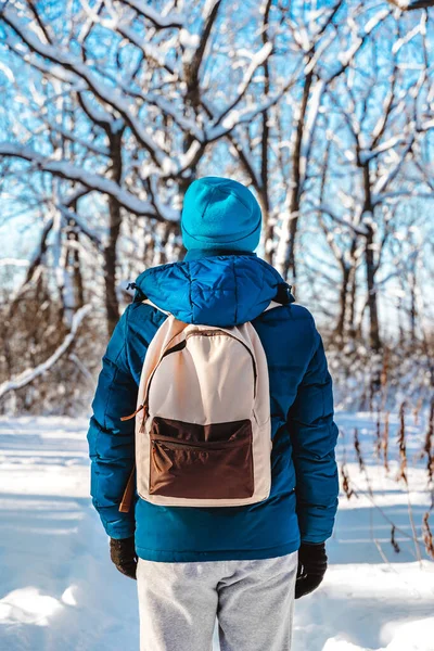 Widok Tyłu Młodego Człowieka Kapeluszu Plecakiem Spacerującym Śnieżnej Ścieżce Lesie — Zdjęcie stockowe