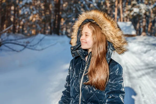 Smiling Little Girl Warm Jumpsuit Winter Pine Forest Sunny Day — Stock Photo, Image