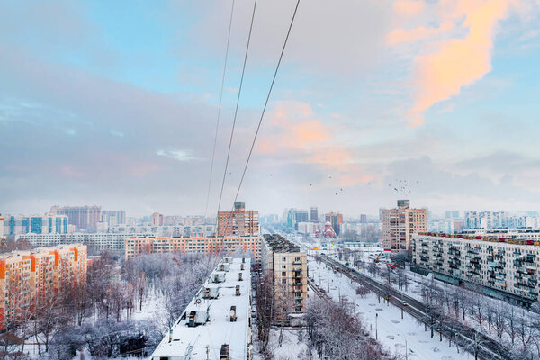 Residential area of St. Petersburg from above in winter