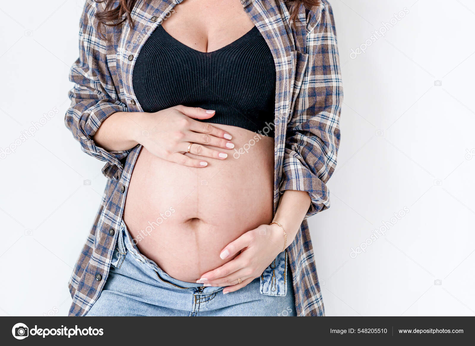 Beautiful Pregnant Woman Plaid Shirt Holds Big Belly Banner Copyspace Stock  Photo by ©KsenJoyg 548205510