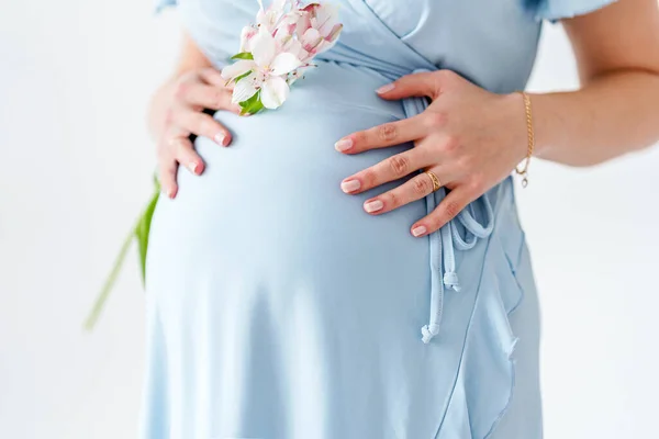 Una Mujer Embarazada Con Delicado Vestido Azul Sostiene Una Flor Fotos De Stock