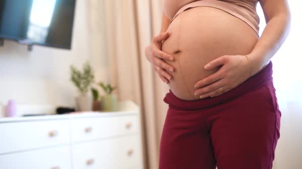 Een Zwangere Vrouw Die Thuis Zachtjes Haar Dikke Buik Strelt — Stockvideo
