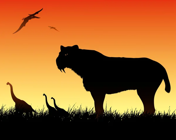 Dinossauros fundo com gato smilodon — Vetor de Stock