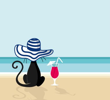 kedi şapkayla üzerinde beach kokteyl içme