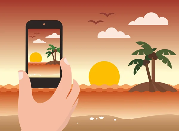 Tomar fotos de una playa al atardecer — Vector de stock