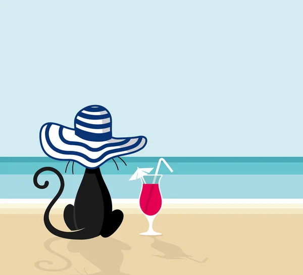 Gato con sombrero en playa bebiendo cóctel — Vector de stock