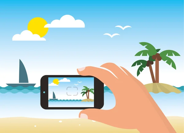 Taking picture of a beach by smart phone — Stock Vector