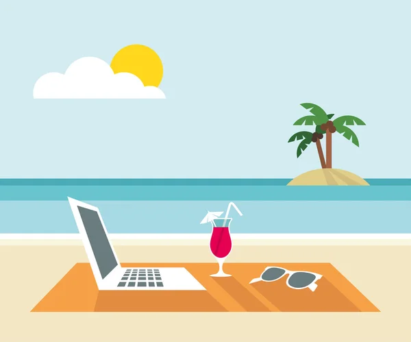 在海滩上的笔记本电脑，鸡尾酒，太阳镜 — 图库矢量图片