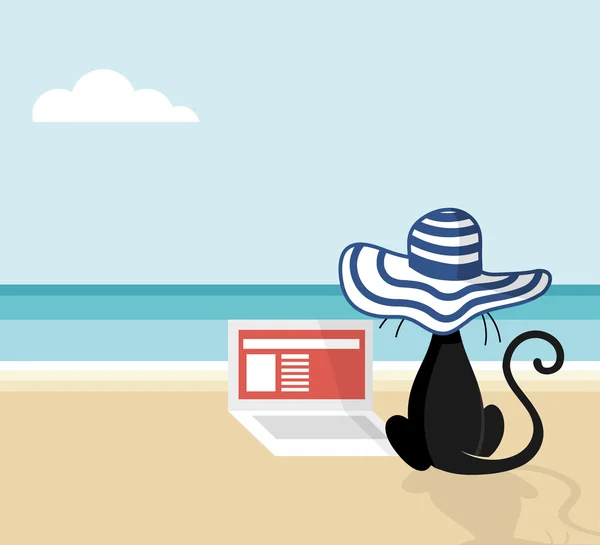 Dizüstü bilgisayar ile sahilde kedi — Stok Vektör