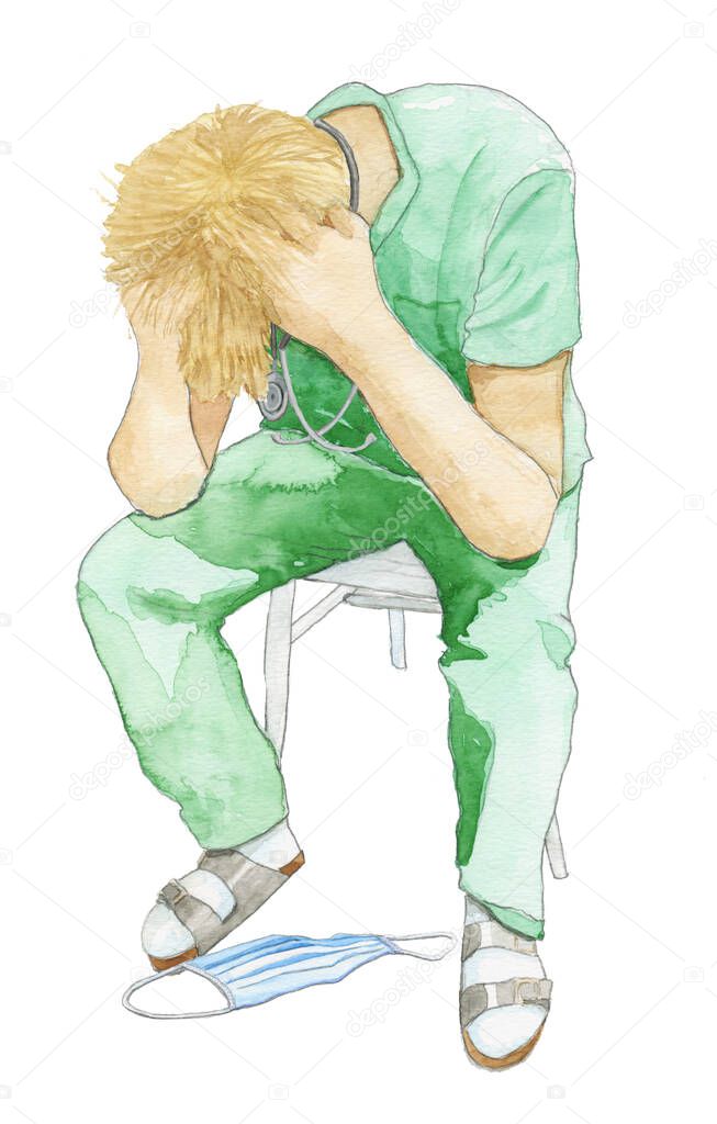 Tired and exhausted doctor fighting corona. Watercolour and isolated