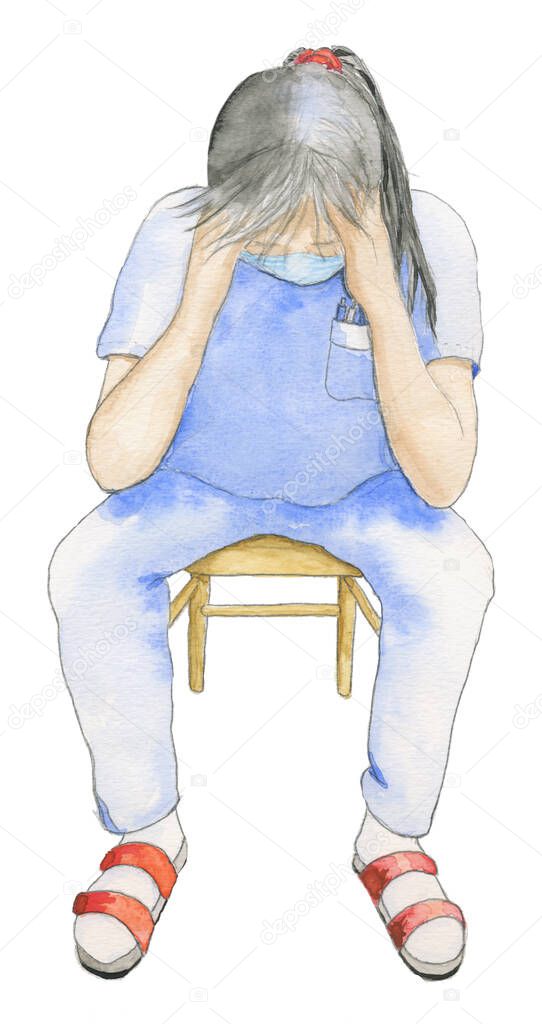 Tired nurse, watercolour, isolated 