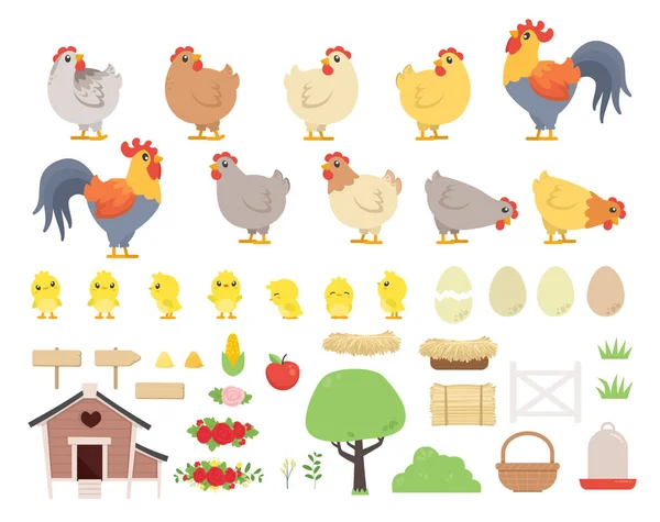 Set Cute Kawaii Style Farm Chicken Rooster Baby Chicks Coop — стоковый вектор