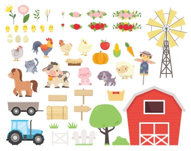 A big collection of cute kawaii style farm animals with farm elements. Illustrations are done in flat style, no shadows.