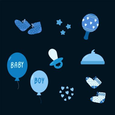 Yeni doğmuş bir çocuk için çizimler. Mavi vektör elementleri. Bebek için bir kartpostal ya da poster tasarla.