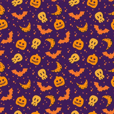 Cadılar Bayramı için oyulmuş bir balkabağı deseni. Bir yarasa, bir kafatası, korkunç yüzlü bir balkabağı. Tekstil için karalama biçiminde Cadılar Bayramı ögelerinin arkaplanı.