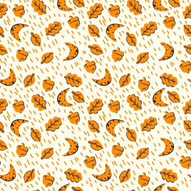 Turuncu sonbahar yapraklı desen. Yaprak, meşe palamudu ve ay resimleriyle dolu bir arka plan. Güzel ambalaj kağıdı karalaması. Cadılar Bayramı için Ekim arkaplanı.