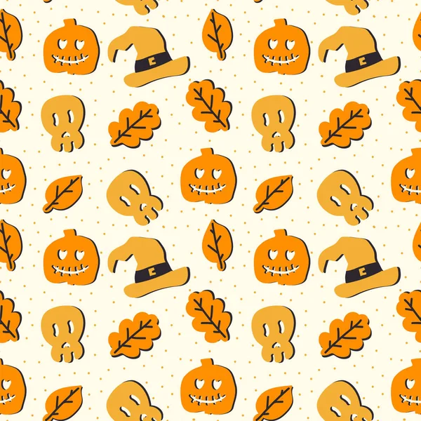 Orangefarbene Kürbismuster zu Halloween. Hintergrund mit Illustrationen von Kürbis, Blättern, Totenkopf, Hexenkreuz. Schönes Geschenkpapier für die Halloween-Feier. — Stockvektor