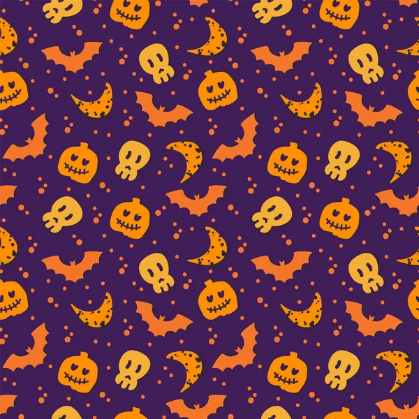 A pattern with a carved pumpkin for Halloween. A bat, a skull, a pumpkin with a scary face. Background of Halloween elements in doodle style for textiles. — Stock Vector