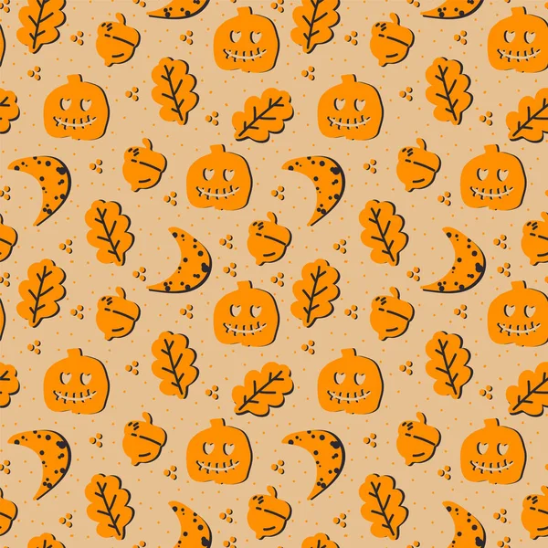 Oranžový vzor na Halloween. Prvky pro oslavu dýní, podzimními listy, žaludy, měsícem. Karneval pozadí ve stylu doodle pro textil. — Stockový vektor