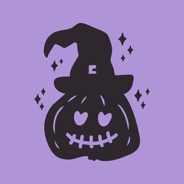 Schwarze Kürbis-Ikone mit Zaubererhut. Eine magische Grußkarte zu Halloween. Vektorillustration in Schwarz auf Violett. Festliche herbstliche Elemente für die Gestaltung. — Stockvektor